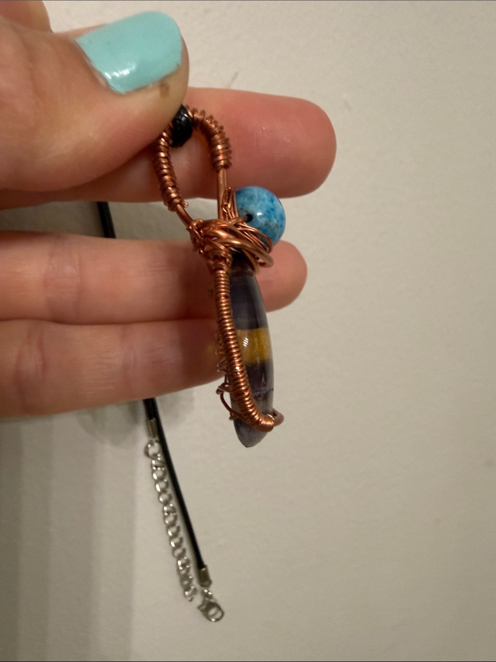 Handmade Copper Wire Wrapped Fluorite Pendant with Blue Apatite Bead - Picture 4 of 7